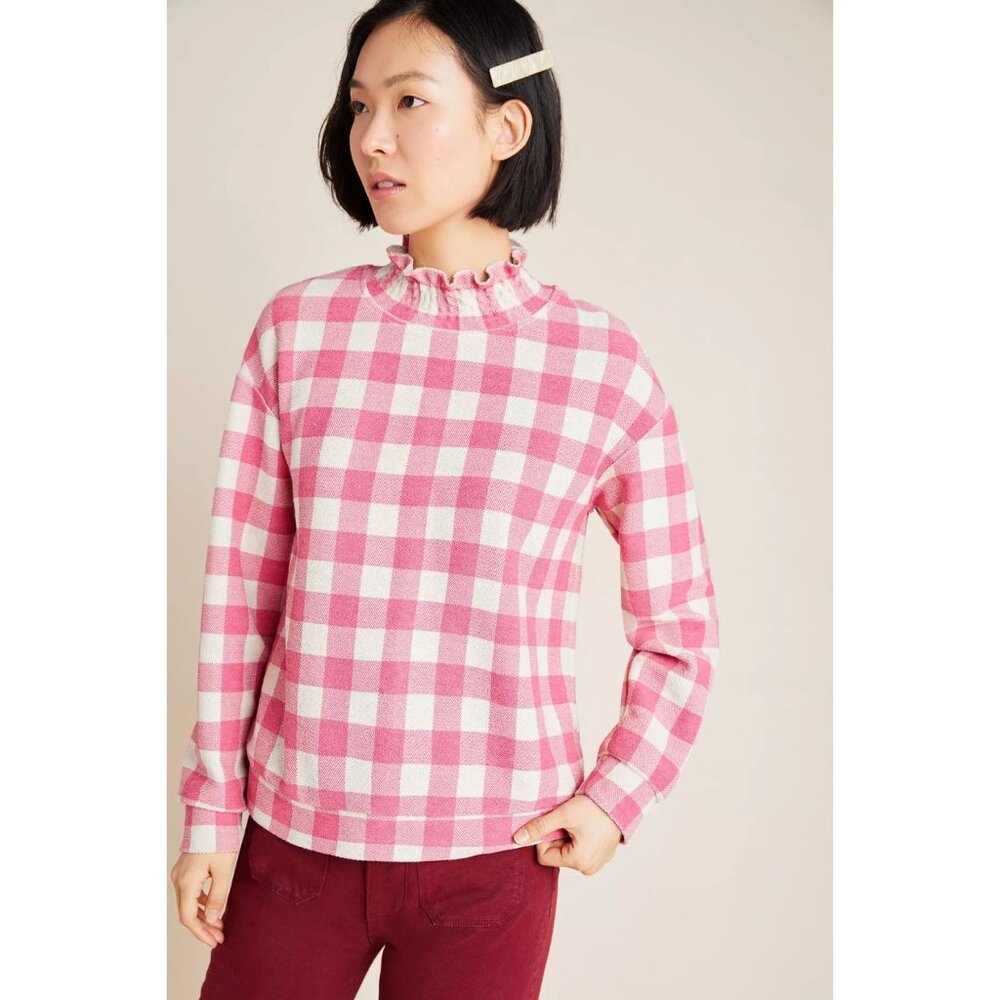 Anthropologie Ruffled Gingham Long Sleeve Pink Cozy Sweatshirt Top Eva Franco